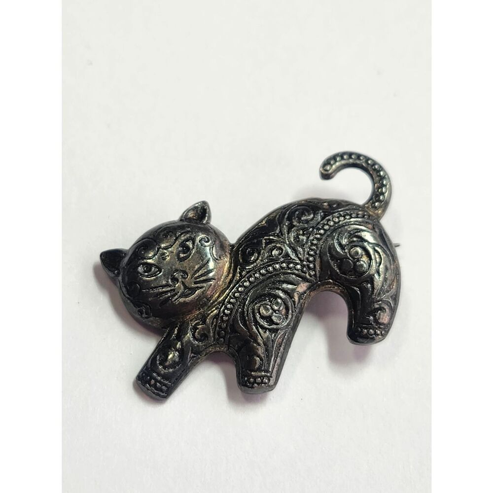 Art Deco Vintage Ornate Cat Brooch Pin - Decorative Cat Spain Silver Tone